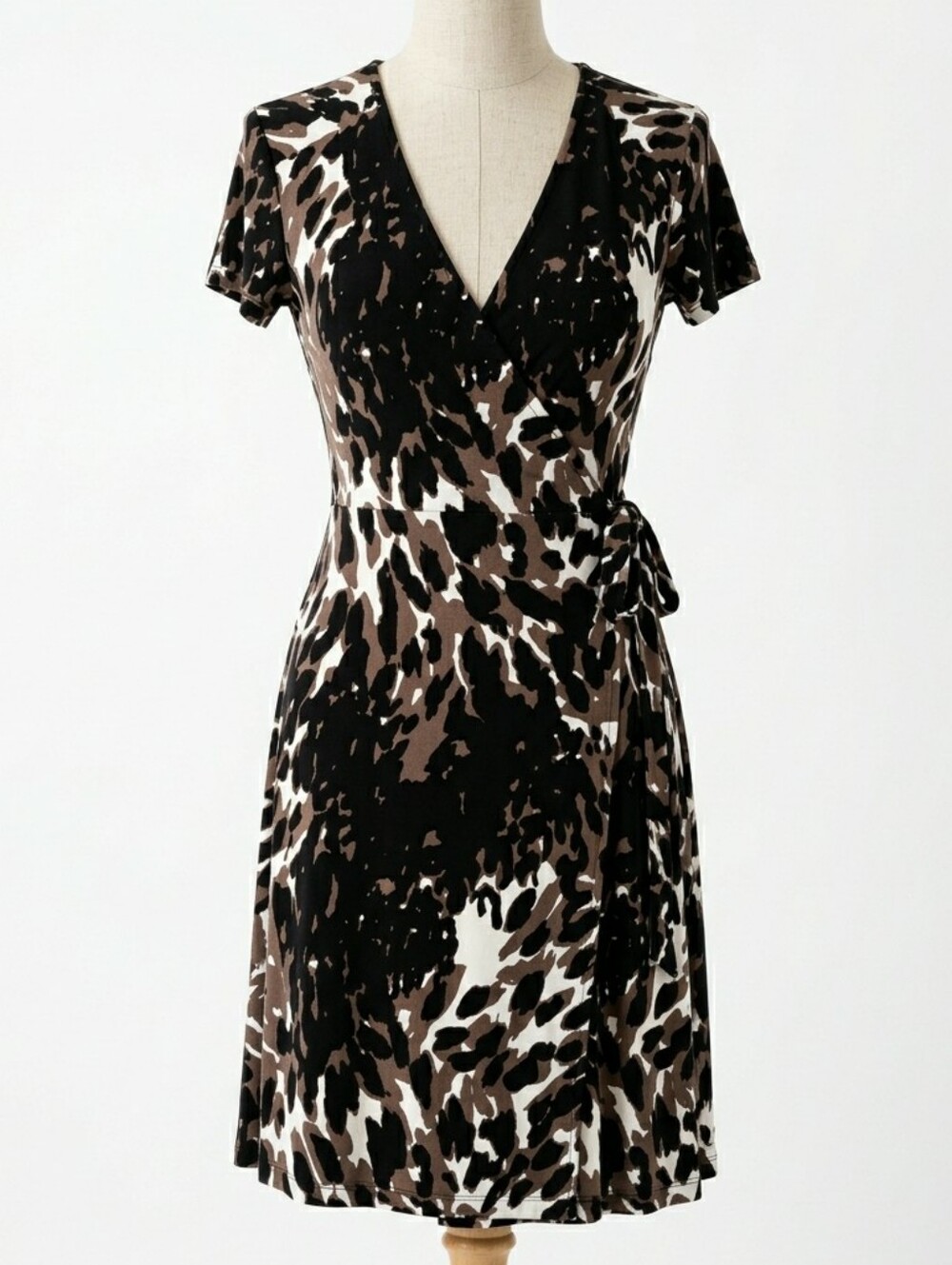 Banana Republic Silk Blend Abstract Wrap Dress Black Mocha V-Neck Size XS